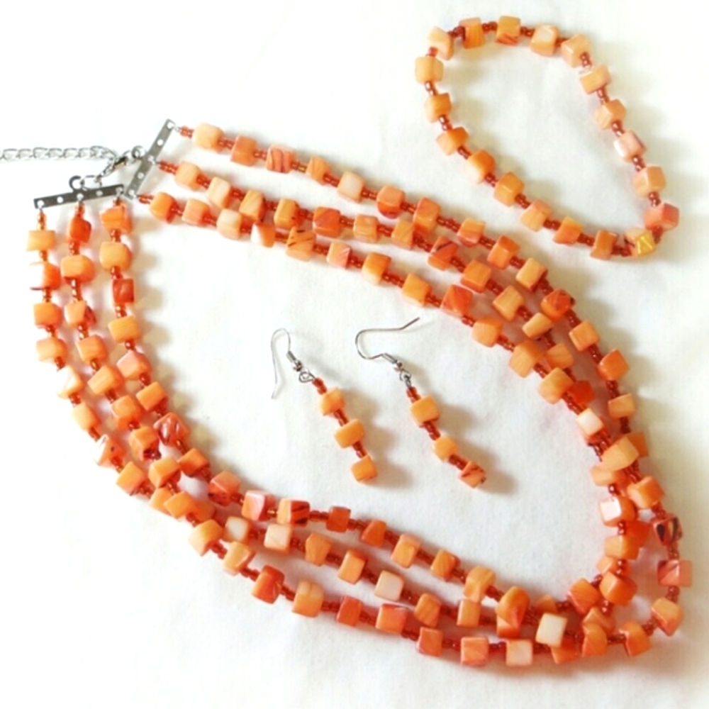 🆕️ Orange 3 Piece Multi Strand Jewelry Set